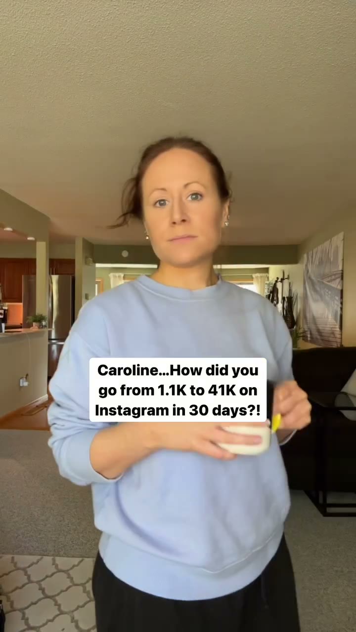 Reel Teaser-question face caméra avec texte superposé redirigeant vers la légende : Caroline... Comment as-tu fait pour passer de 1,1K à 41K sur Instagram