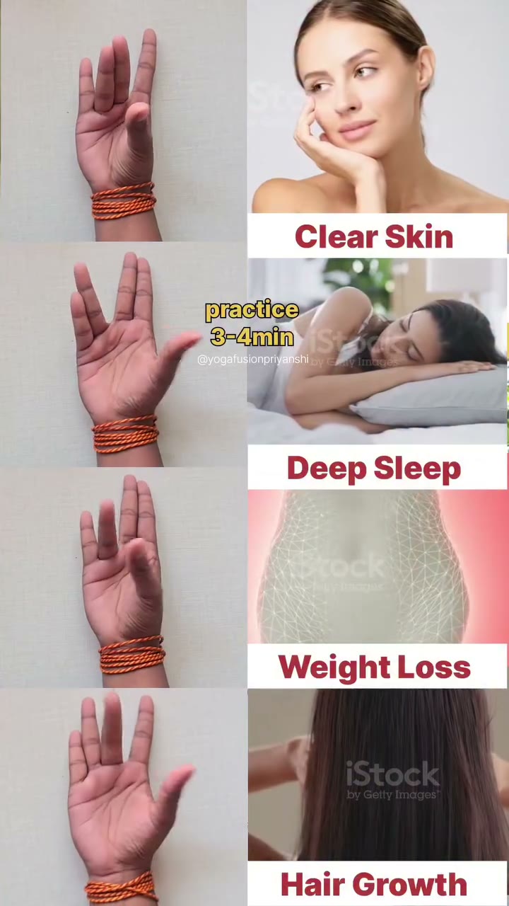 Reel Infographie animée en liste : mudras + bénéfices visuels en rafale : Clear Skin, practice 3-4min. Deep Sleep. Weight Loss. Hair Growth.
